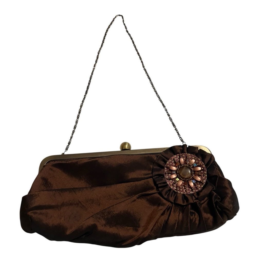 Vintage 60s Brown Lucite Beads Ribbon Flower Fold in Chain Strap Clutch Handbag